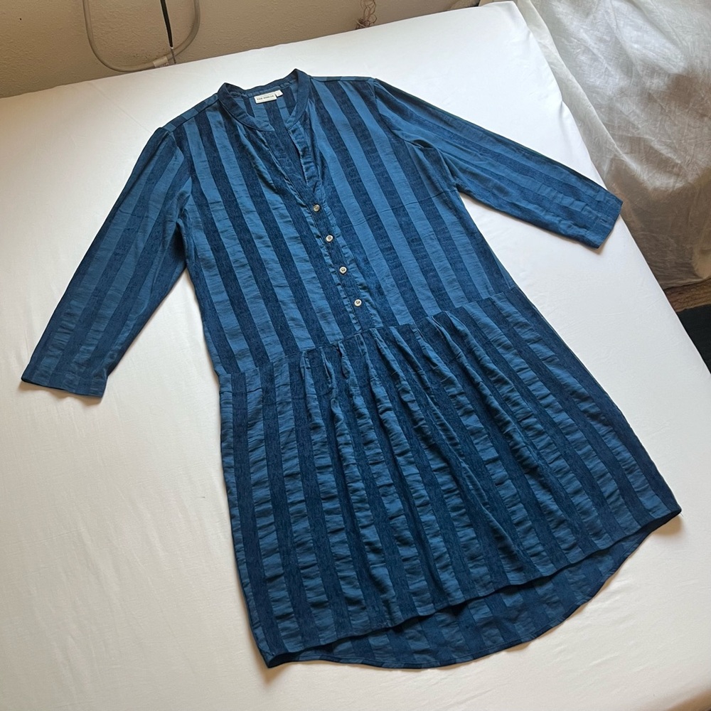 THE ODELLS blue velvet knit suede striped linen rayon popover long sleeve midi